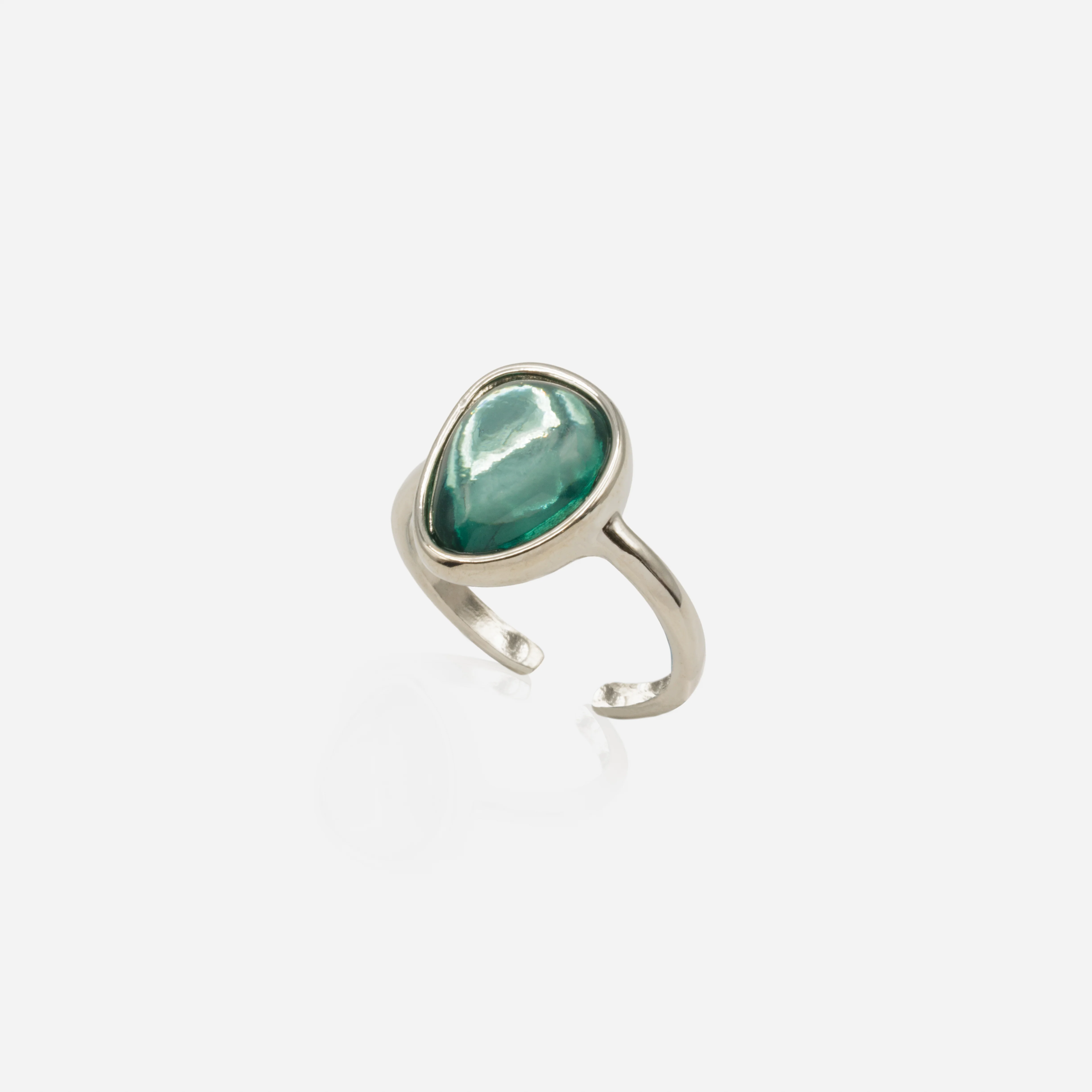Bague ouverte argentée pierre turquoise translucide - Image 4